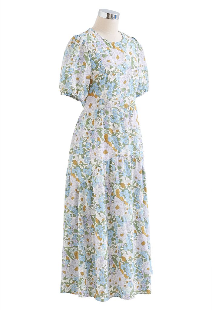 Embrace Sunshine Floral Midi Dolly Dress in Blue