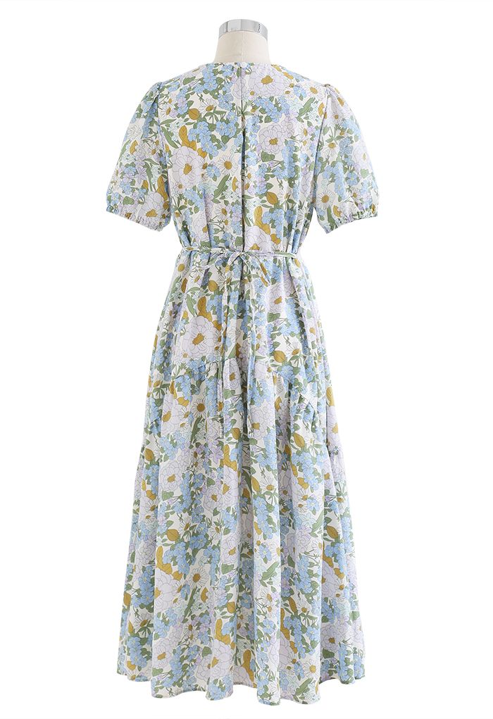 Embrace Sunshine Floral Midi Dolly Dress in Blue