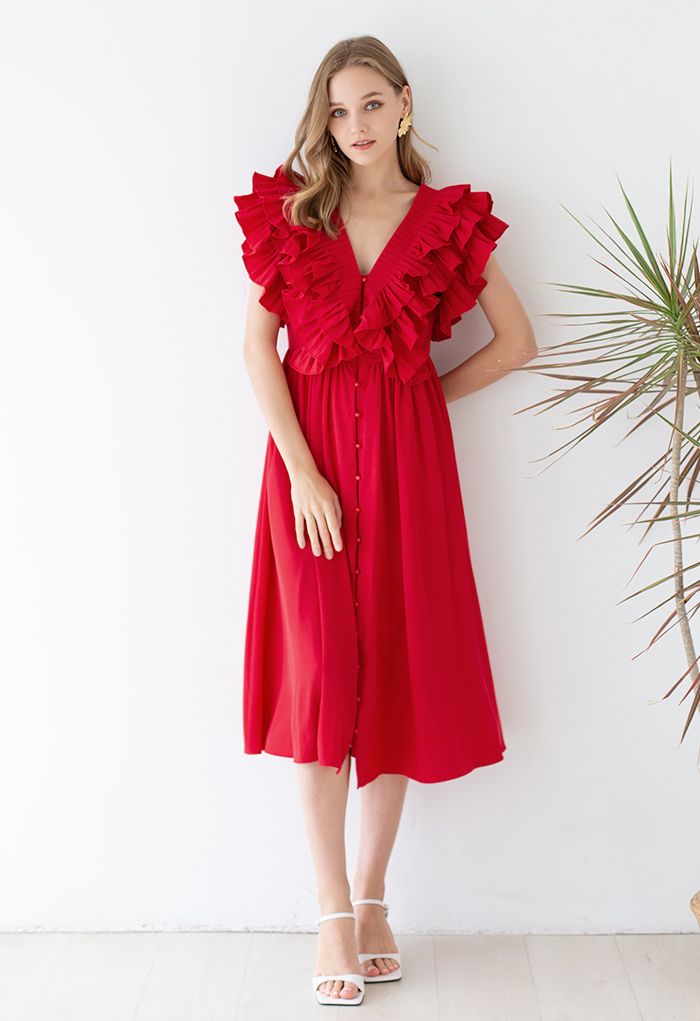 Pleated Ruffle Buttoned Deep V-Neck Dress in Red