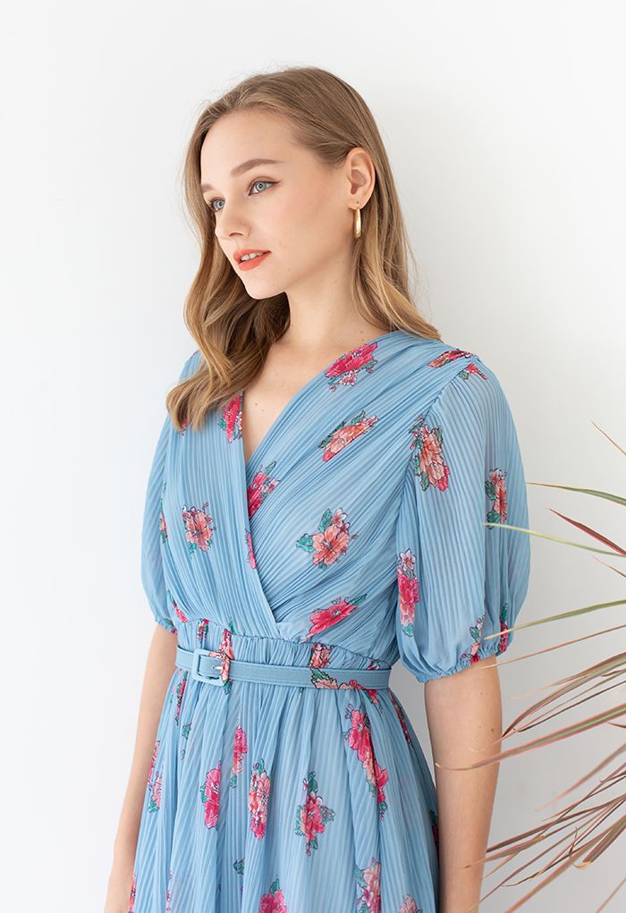Floral Printed Airy Pleated Faux-Wrap Dress in Blue