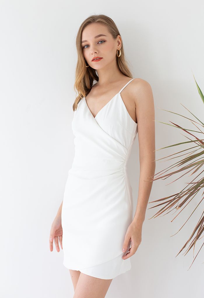 Wrap Bust Ruched Asymmetric Cami Dress in White