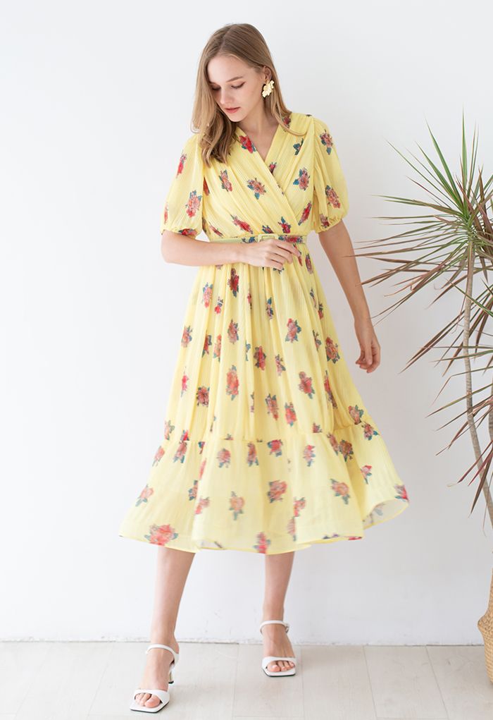 Floral Printed Airy Pleated Faux-Wrap Dress in Yellow