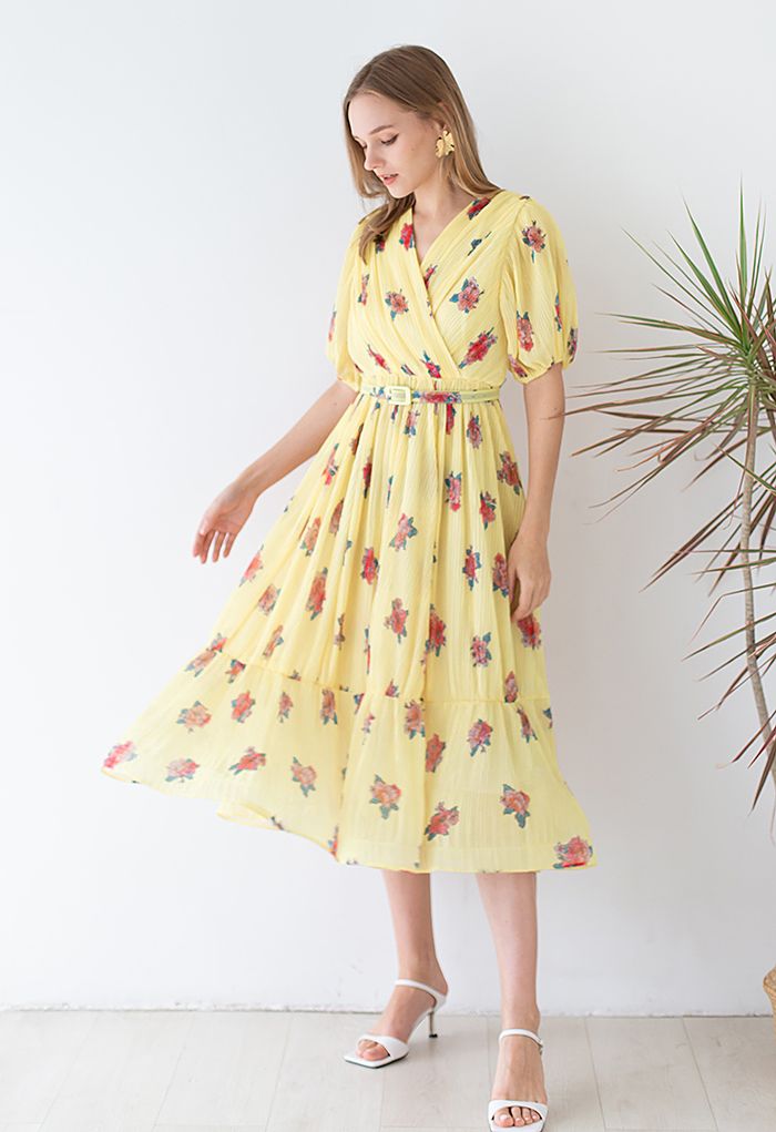 Floral Printed Airy Pleated Faux-Wrap Dress in Yellow