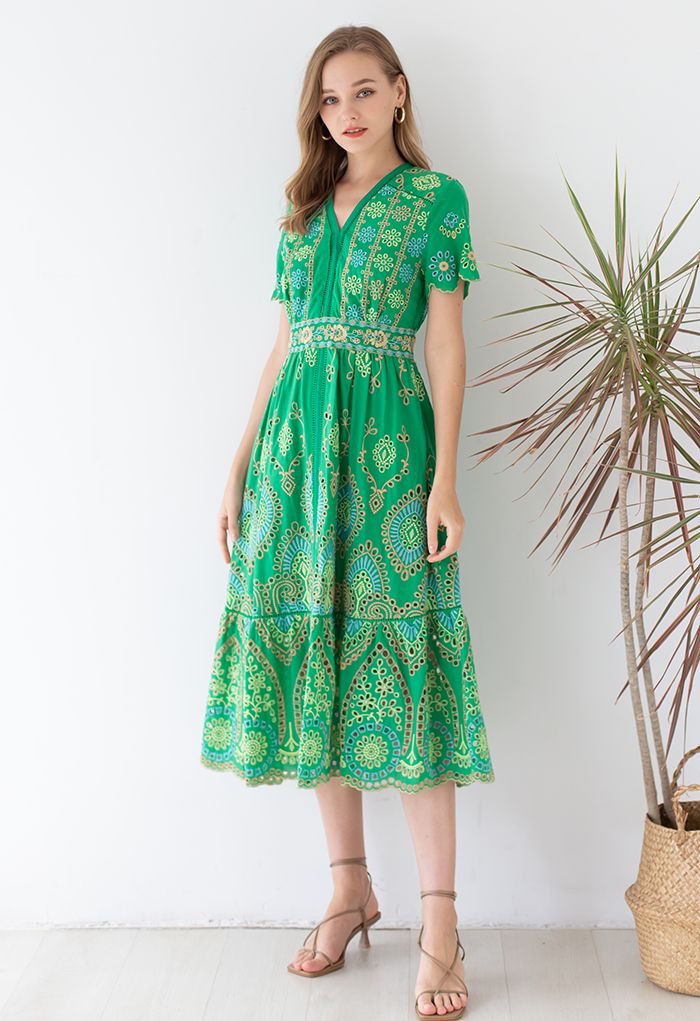 Exotic Day Cutwork Embroidery Midi Dress