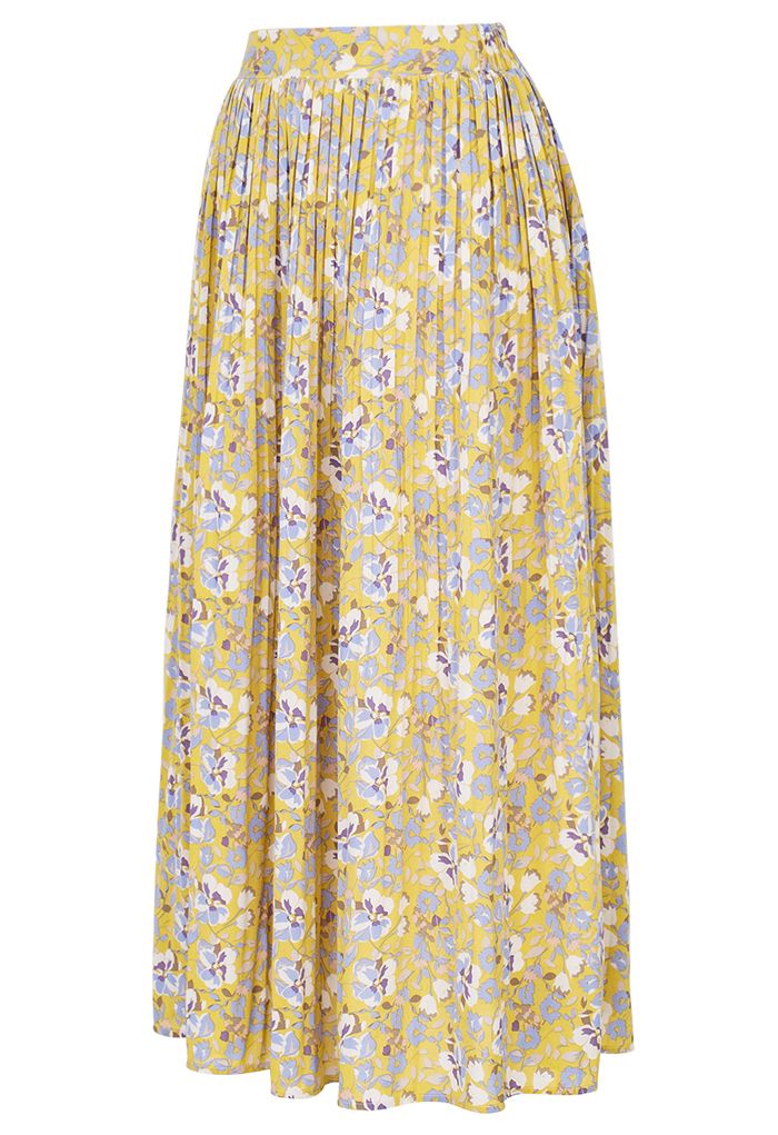 Summer Posy Pleated Midi Skirt in Mustard