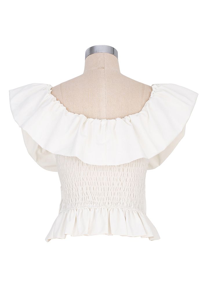 Flap Off-Shoulder Pleated Shirred Top in White