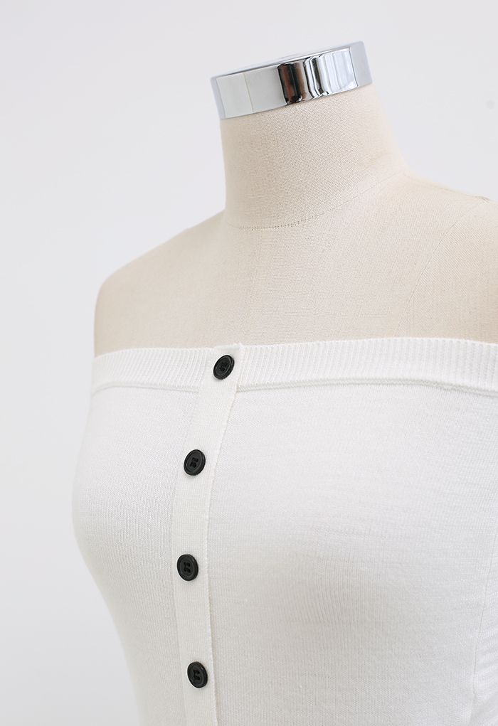 Buttoned Front Strapless Crop Knit Top in White