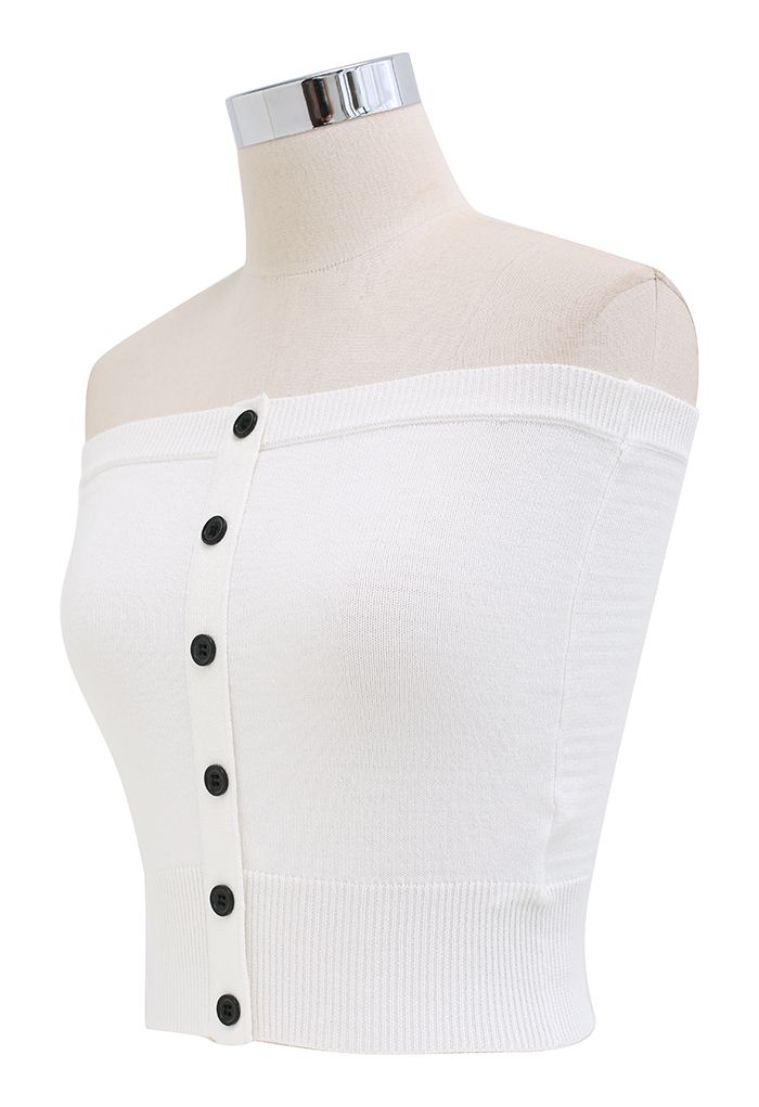 Buttoned Front Strapless Crop Knit Top in White