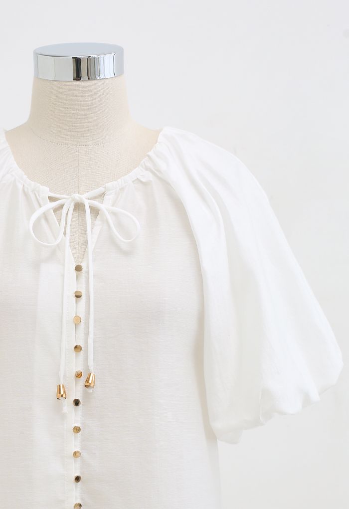 Button Down Bubble Sleeve Top in White