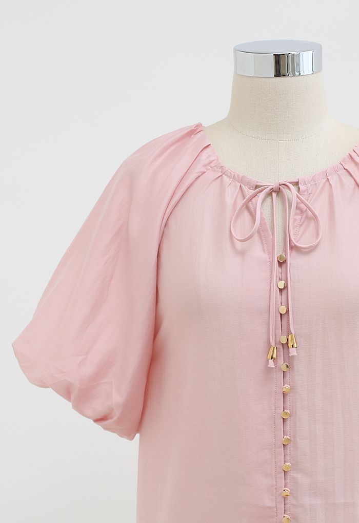 Button Down Bubble Sleeve Top in Pink
