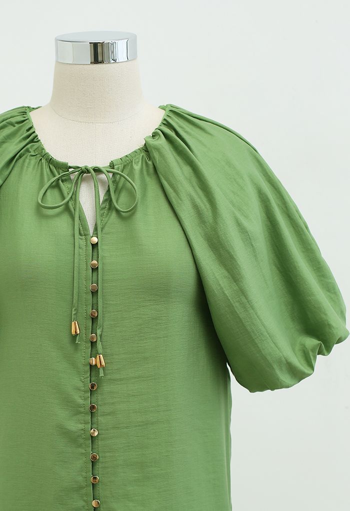Button Down Bubble Sleeve Top in Green