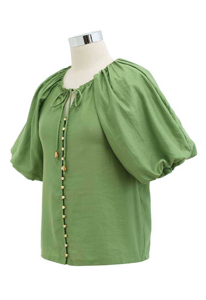 Button Down Bubble Sleeve Top in Green