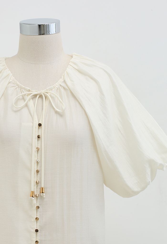 Button Down Bubble Sleeve Top in Ivory