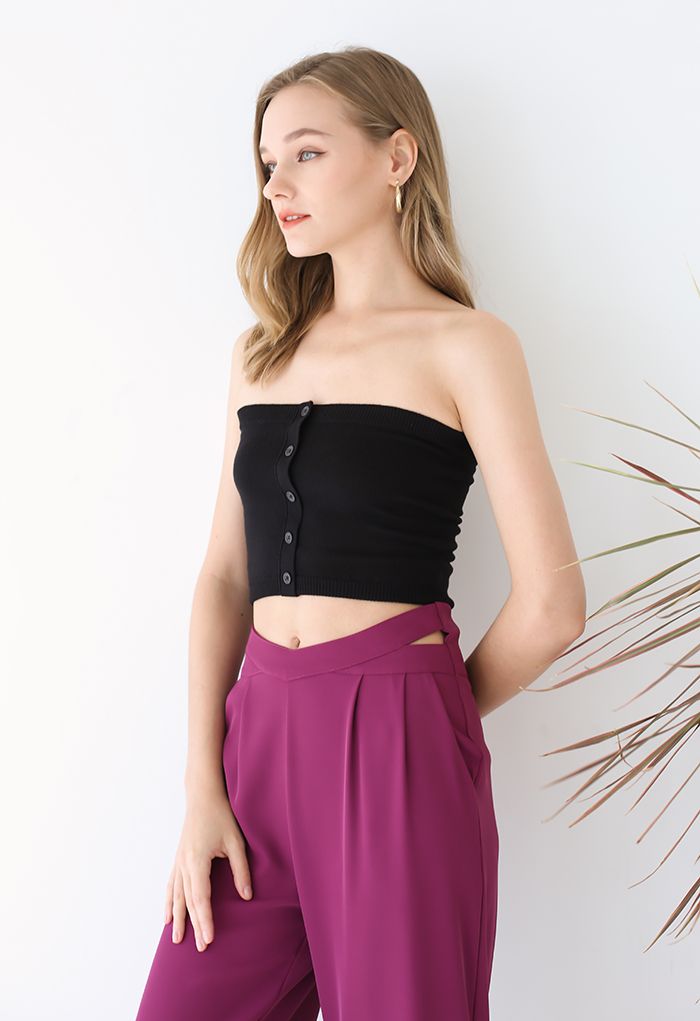 Buttoned Front Strapless Crop Knit Top in Black