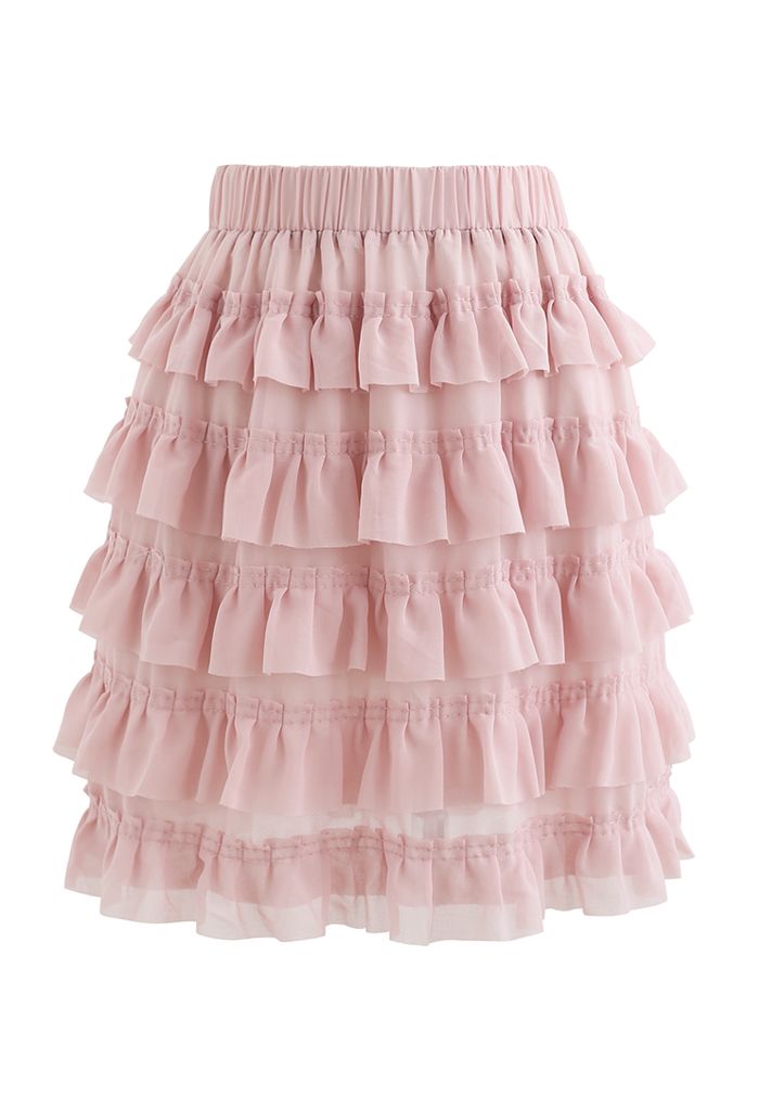 Tiered Ruffle Chiffon Skirt in Pink