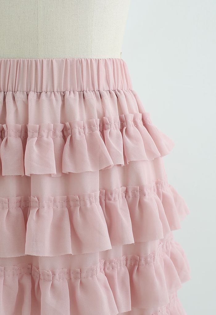 Tiered Ruffle Chiffon Skirt in Pink