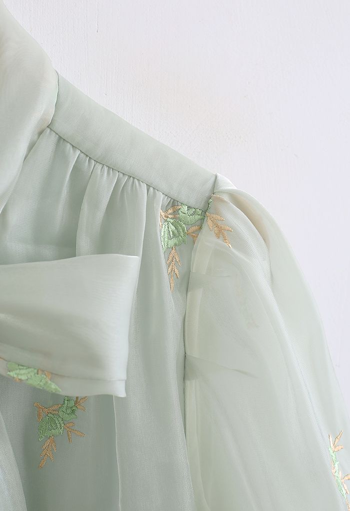 Shimmer Organza Embroidered Posy Bowknot Top in Pea Green