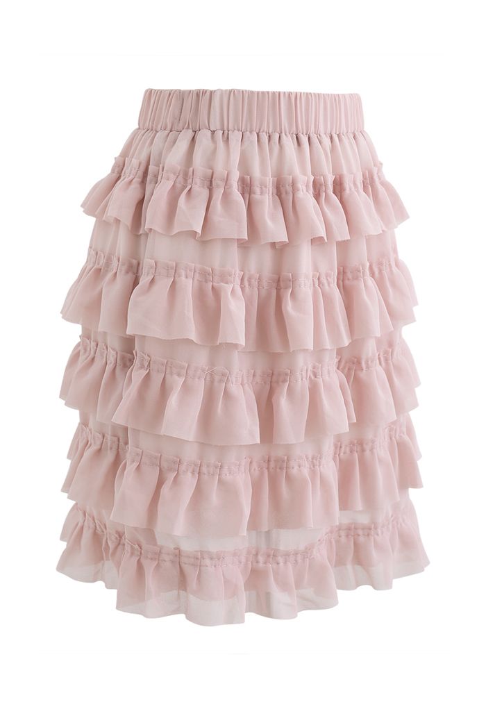 Tiered Ruffle Chiffon Skirt in Pink