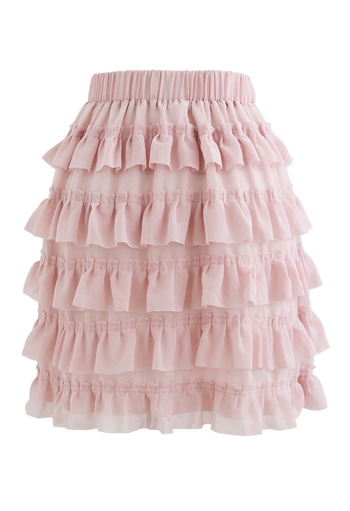 Tiered Ruffle Chiffon Skirt in Pink