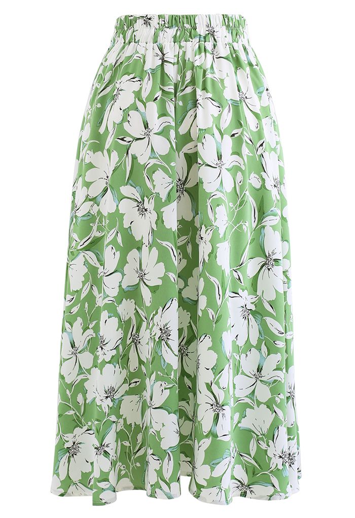 White Flower Flare Midi Skirt in Green