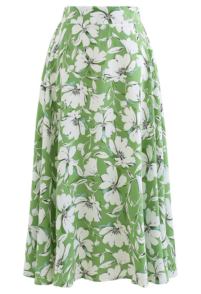 White Flower Flare Midi Skirt in Green