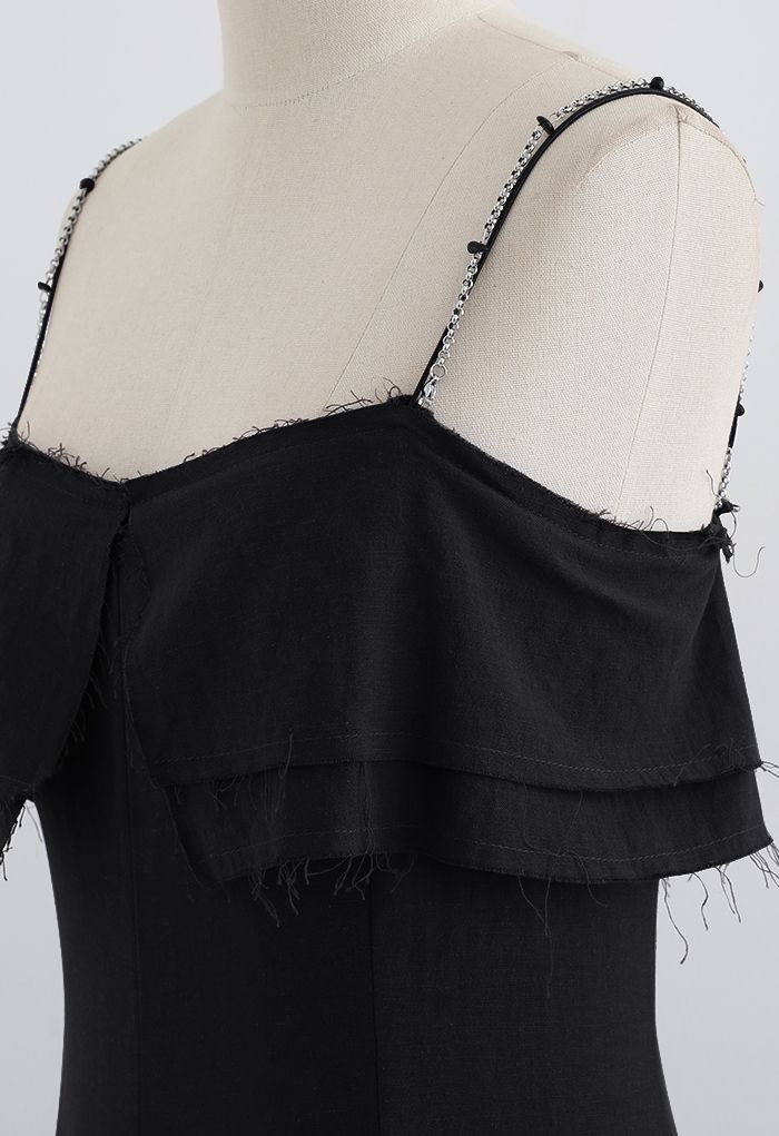 Double Straps Flap Linen Cami Dress in Black