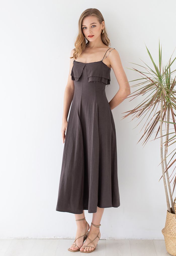 Double Straps Flap Linen Cami Dress in Brown