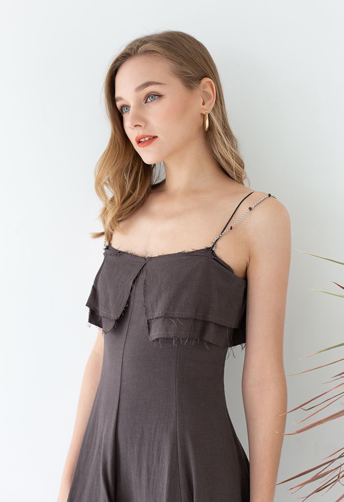Double Straps Flap Linen Cami Dress in Brown
