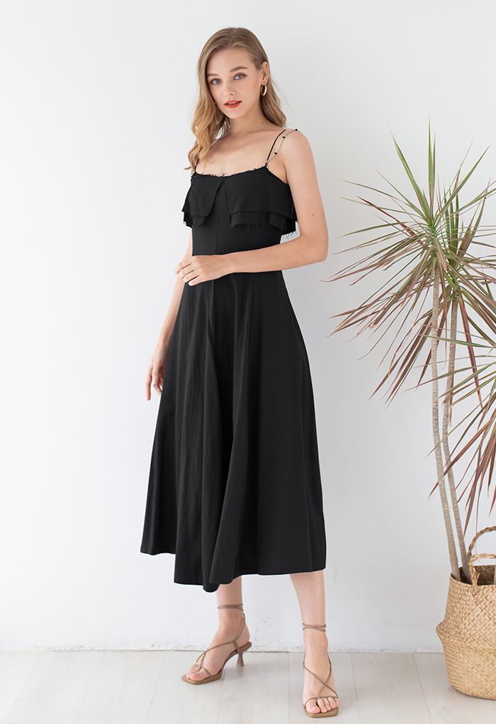 Double Straps Flap Linen Cami Dress in Black