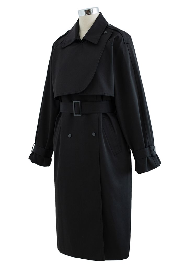 Stud Button Storm Flap Trench Coat in Black