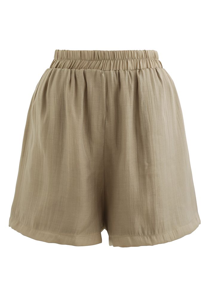 Athleisure Puff Sleeve Shirt and Flare Shorts Set in Khaki