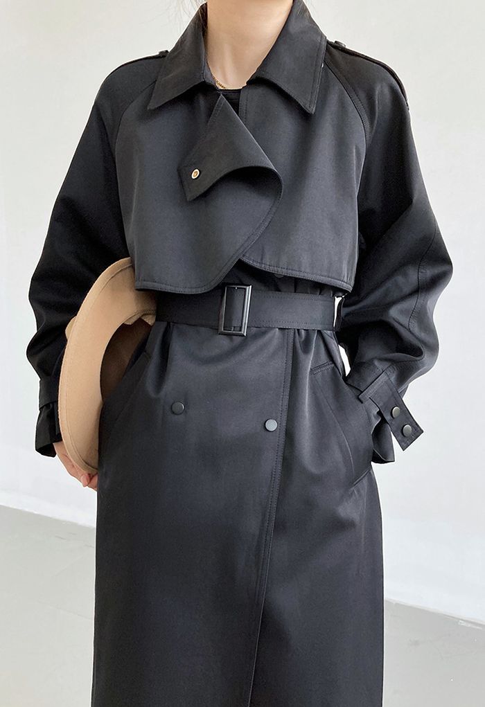 Stud Button Storm Flap Trench Coat in Black