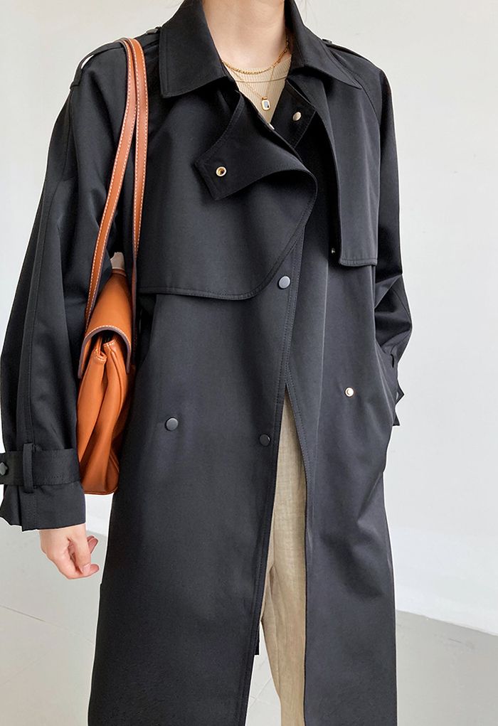 Stud Button Storm Flap Trench Coat in Black