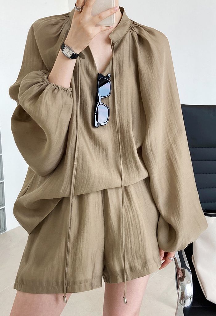 Athleisure Puff Sleeve Shirt and Flare Shorts Set in Khaki