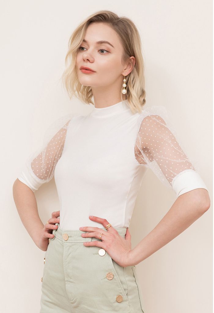 Flock Dots Elbow Sleeves Ribbed Top in White