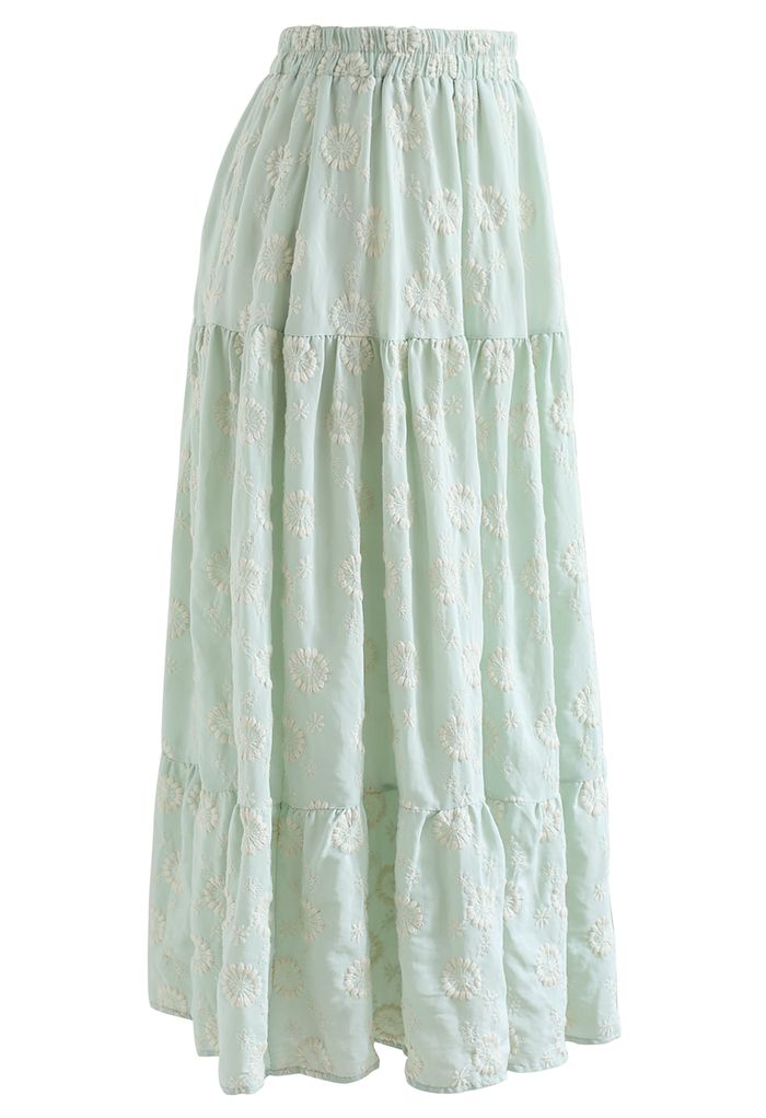 Embroidered Floral Frill Hem Midi Skirt in Mint