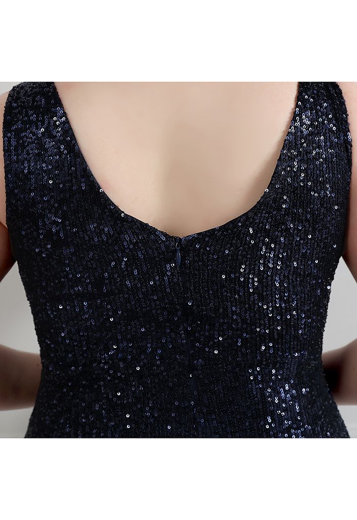 Mesh Panelled Sequined Mermaid Gown in Navy