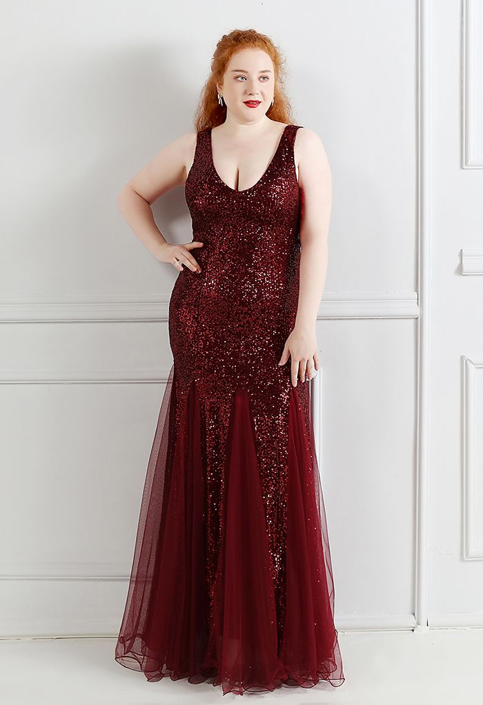 Mesh Panelled Sequined Mermaid Gown in Burgundy