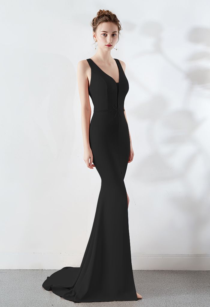 Beaded Bowknot Split Mermaid Satin Gown in Black