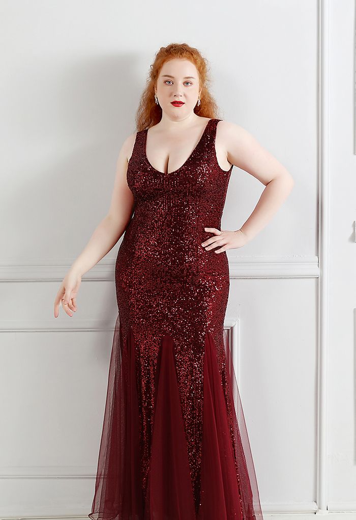 Mesh Panelled Sequined Mermaid Gown in Burgundy