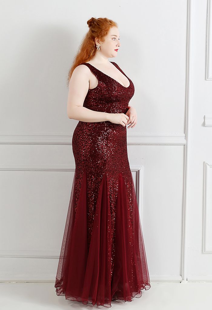 Mesh Panelled Sequined Mermaid Gown in Burgundy