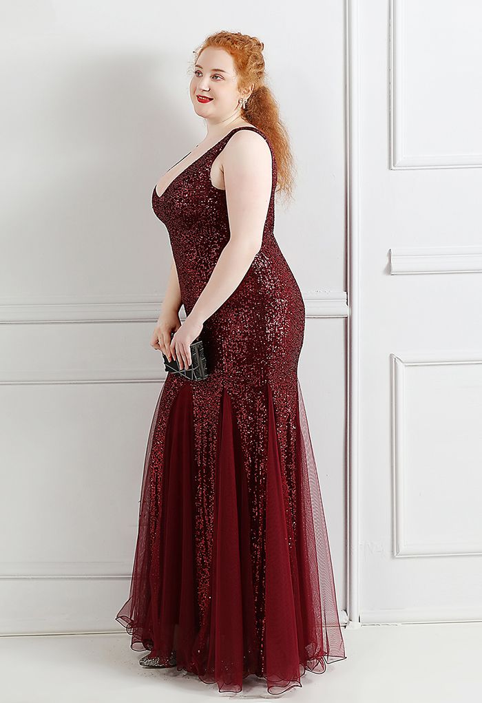 Mesh Panelled Sequined Mermaid Gown in Burgundy