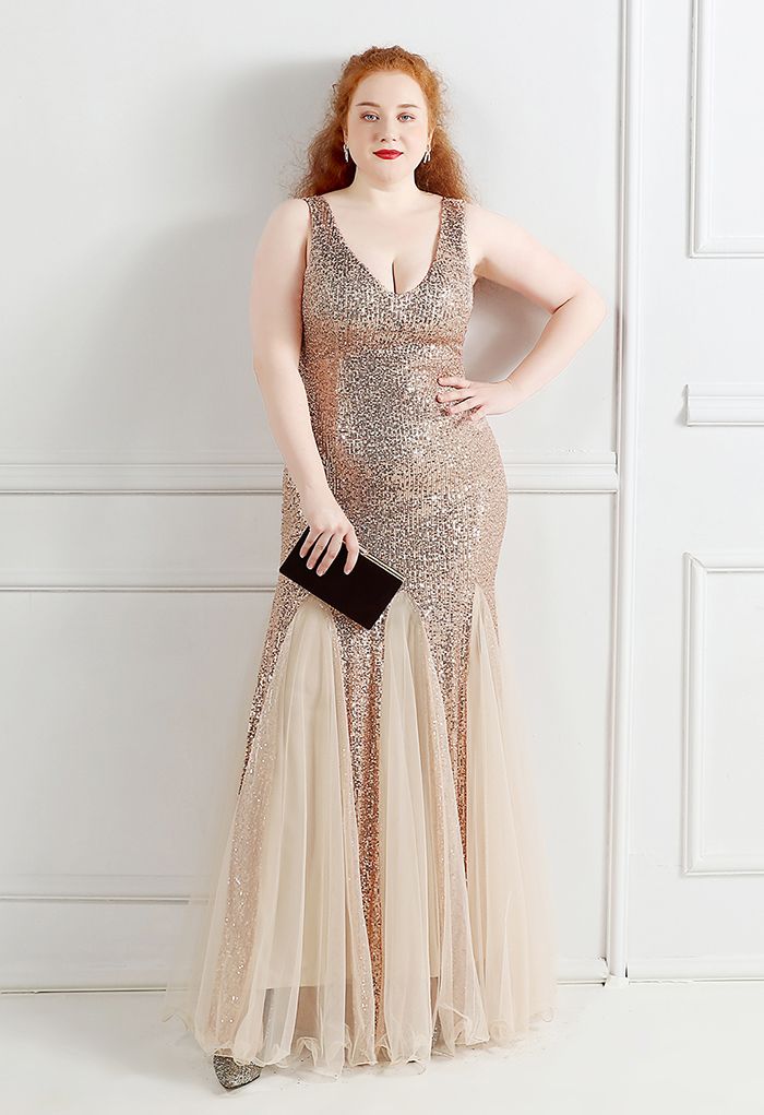 Mesh Panelled Sequined Mermaid Gown in Gold