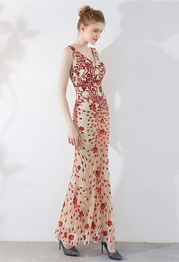 Floral Vine Sequined Mesh Mermaid Gown in Red