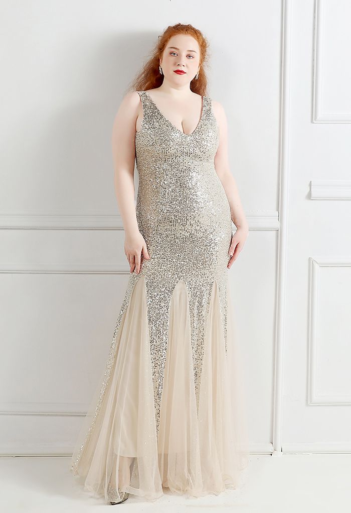 Mesh Panelled Sequined Mermaid Gown in Silver