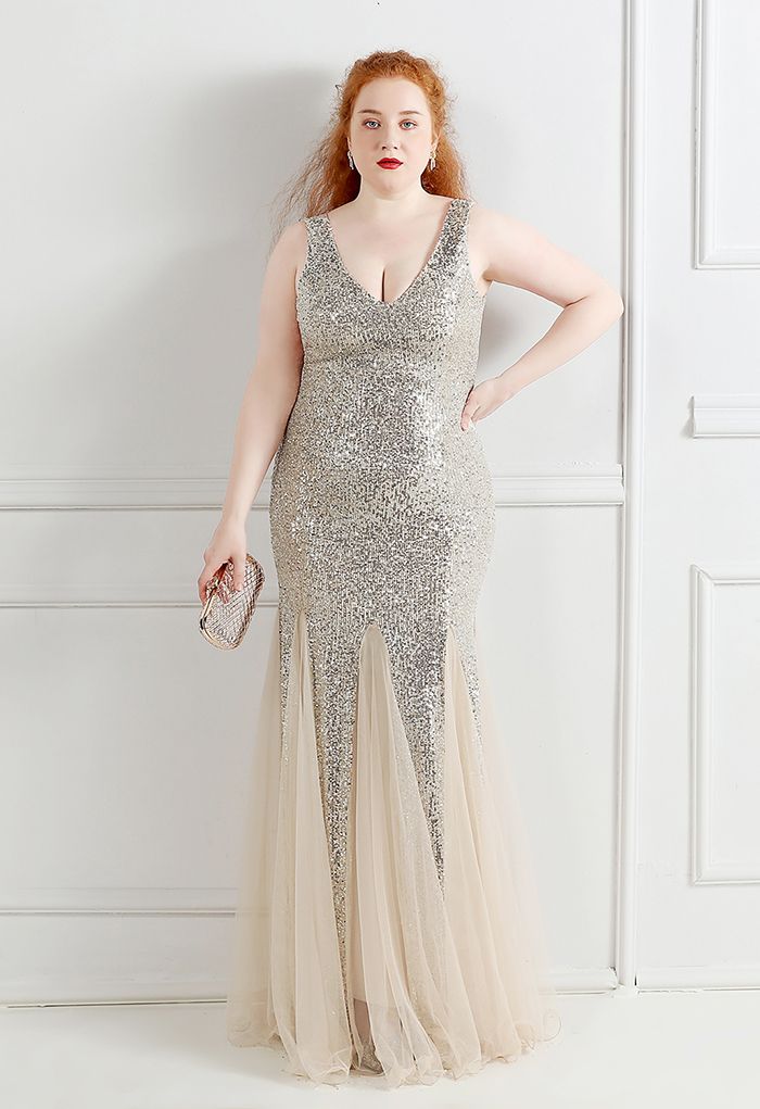 Mesh Panelled Sequined Mermaid Gown in Silver