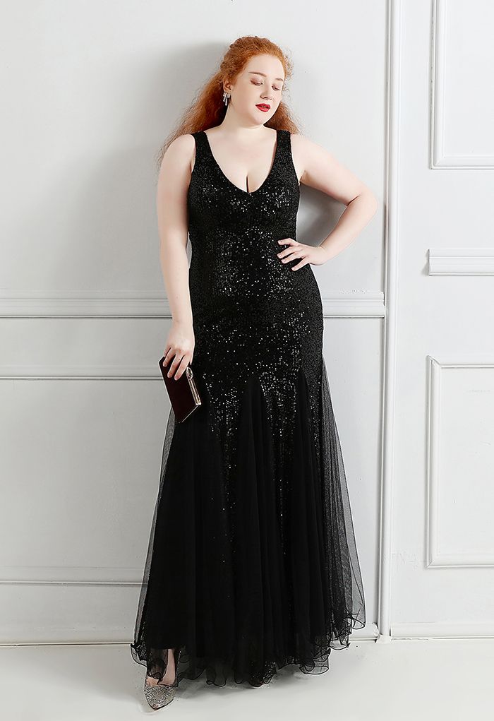 Mesh Panelled Sequined Mermaid Gown in Black