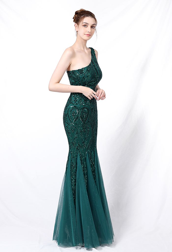 One-Shoulder Floral Lattice Sequined Mesh Gown in Emerald