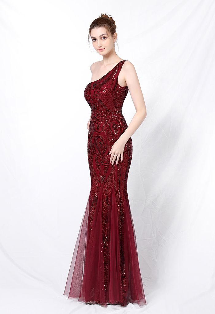 One-Shoulder Floral Lattice Sequined Mesh Gown in Burgundy