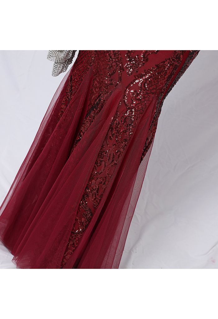 One-Shoulder Floral Lattice Sequined Mesh Gown in Burgundy